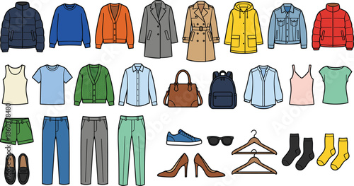 Clothing collection, fashion grid, wardrobe variety, apparel styles, accessories set, seasonal outfits, flat vector illustration, organized garments, display