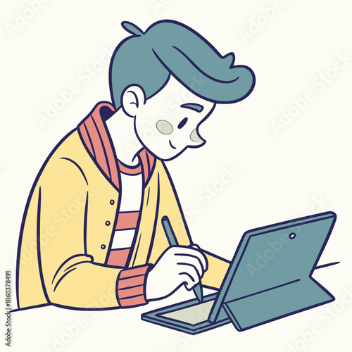 Young artist drawing on digital tablet with stylus