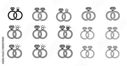 Wedding ring line icons set. engagement rings and jewelry outline symbols collection