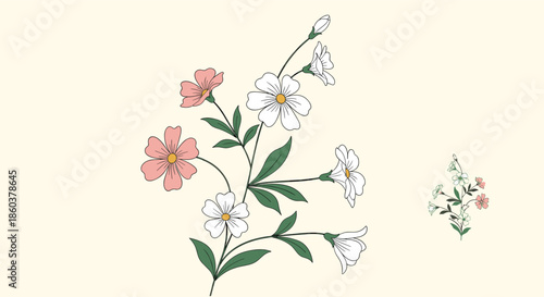 Elegant floral illustration featuring soft pink cosmos-like blossoms and delicate white bellflowers on a verdant branch.