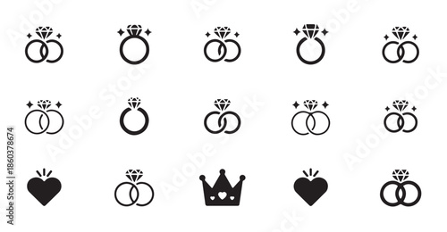 Wedding ring icons set. engagement rings and jewelry solid symbols collection
