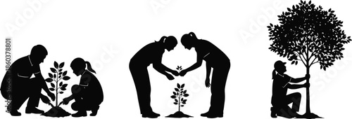 Set of black vector silhouettes depicting people planting trees, nurturing saplings, and hugging large trees, representing nature conservation, growth, and environmental care.