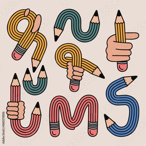  Creative Bent Pencil Doodle Vector Set