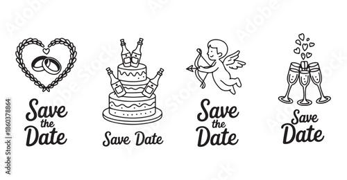 Save the date wedding card elements featuring rings heart cake cupid and champagne flutes