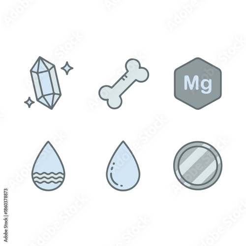 A collection of various icons representing minerals, elements, and organic compounds like bones and water, useful for science and health concepts