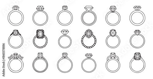 Diamond ring set collection featuring emerald cut round brilliant and halo setting designs