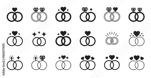 Set of wedding ring icons with heart and diamond symbols vector illustration