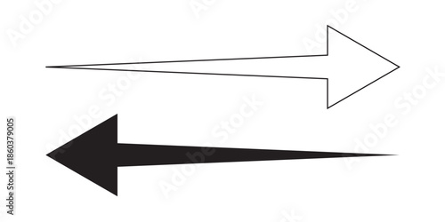 Set of Long arrows. Black long arrows pointing vector. Straight long Black arrows pointing right and left.  Solid long arrows pointing on white background.