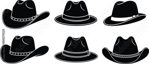Set of Classic Men's Hat Silhouettes Vector Collection, Including Cowboy Hat, Fedora, and Trilby Styles, Ideal for Western, Retro, and Fashion Design Graphicsv