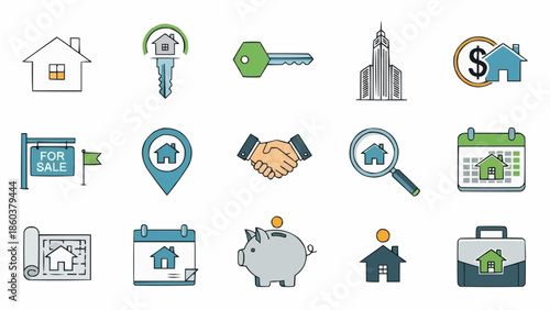 Real Estate and Property Icons Set - Home, Key, Handshake, and More.