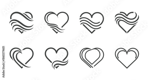Set of creative heart icons featuring abstract wavy lines and flowing curves integrated into the heart shapes in black.