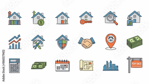 Real Estate Icons - Houses, Money, and Handshake for Property Deals.