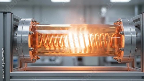 Glowing orange spiral element contained within a glass tube, part of a scientific setup