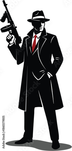 Classic gangster silhouette holding submachine gun in noir style representing crime era, mafia power, and vintage underworld character isolated on white background