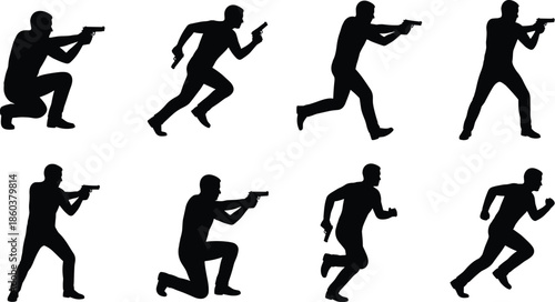 Classic gangster silhouette holding submachine gun in noir style representing crime era, mafia power, and vintage underworld character isolated on white backgroundWeb