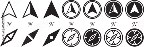 north direction icon set. Compass north symbols. Downward arrow graphic design. Compass icon in doodle and stroke style.  icon set in line strokes