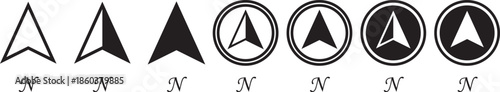 north direction icon set. Compass north symbols. Downward arrow graphic design. Compass icon in doodle and stroke style.  icon set in line strokes