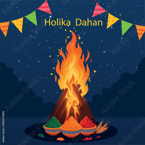 Holika Dahan vector illustration showing traditional bonfire fire ritual for Holi Pooja and Spring Festival. Ideal for Hindu Festival greetings, Holika Dahan images, posters, and festive designs.