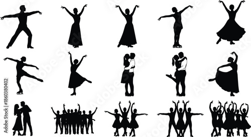 Dance silhouette collection showing ballet, ballroom, figure skating and group dancers performing elegant poses isolated on white background