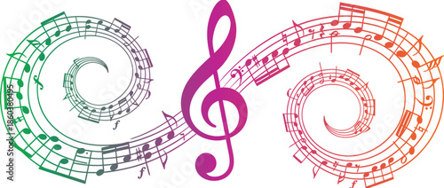 Colorful musical notes swirl around a prominent treble clef creating a vibrant and artistic design