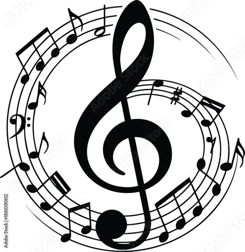 A circular design featuring a treble clef adorned with surrounding musical notes and symbols