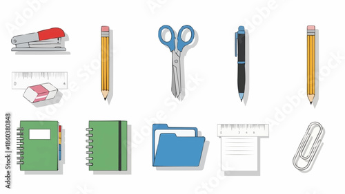 Office Supplies and Stationery Items Illustration.