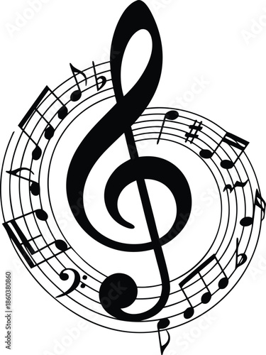 A striking black and white illustration showcases a treble clef surrounded by musical notes and symbols