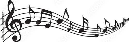 A flowing arrangement of musical notes and a treble clef creates a melodic visual composition