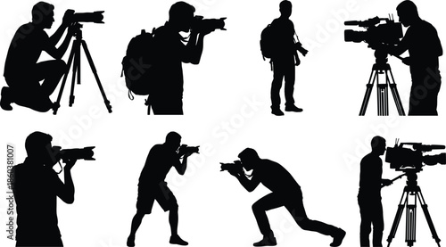 Vector Silhouette Collection of Professional Photographers and Videographers Using Cameras Tripods and Video Gear for Media Journalism and Creative Production Work