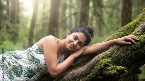 Indian Young Woman Relaxing on a Mossy Tree Trunk in a Serene Green Forest