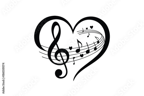 A beautiful black and white illustration of a heart intertwined with musical notes and a treble clef