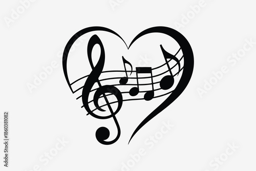 A black heart shape formed with musical notes and a treble clef symbolizing love for music