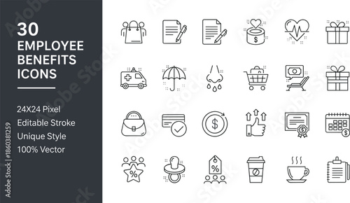 Employee benefits line icons set featuring insurance salary bonus healthcare leave rewards HR compensation editable stroke vector collectionWeb