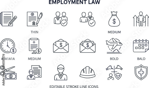 Employment law editable stroke line icons set featuring HR compliance payroll contracts workplace safety legal protection vector collectionWeb