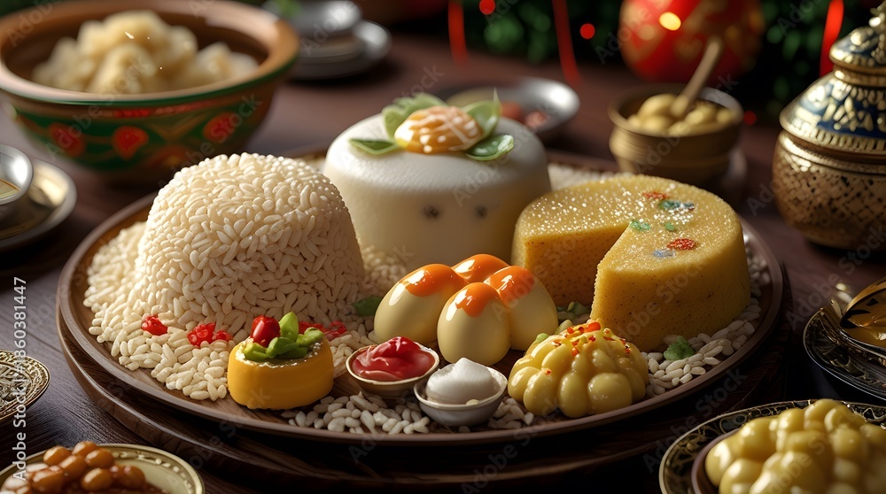 Obraz premium A platter of ampaw or puffed rice, puto or rice cake and kutsinta and other traditional Filipino sweets for the Media noche or New Year eve feast that shows the authentic Philippe beliefs and culture