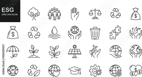 ESG editable stroke line icons set featuring sustainability, social responsibility, governance, ethics, recycling and environmental impact symbols for modern business designWeb