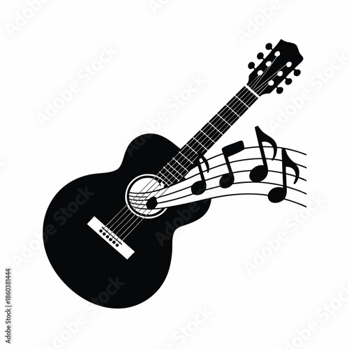 A black acoustic guitar with flowing musical notes representing melody and artistic expression