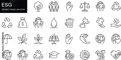 ESG editable stroke line icons set featuring sustainability, environment, social responsibility, governance, recycling and ethical business symbols for web and app designWeb