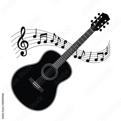 A black acoustic guitar with musical notes and a treble clef swirling around it