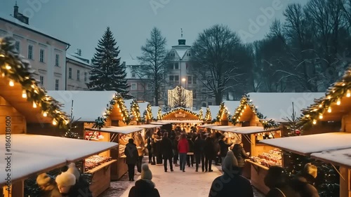 Crowded Christmas Market with Illuminated Stalls Winter Scene.