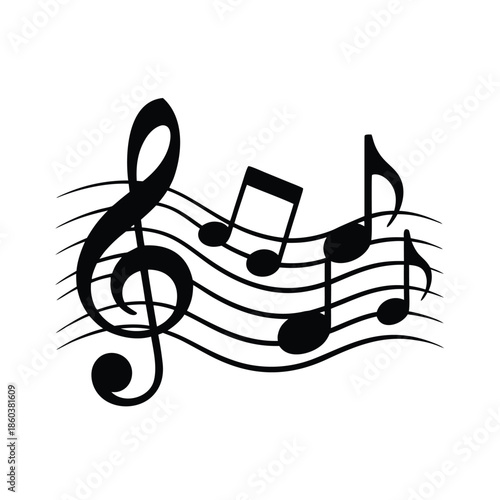 A flowing arrangement of musical notes and a treble clef creates an elegant artistic composition