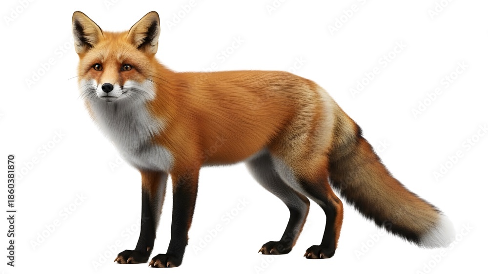Fototapeta premium A majestic red fox with a thick, reddish-orange coat standing alertly and looking directly forward on a white background.