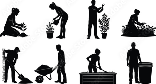 Gardening and landscaping silhouettes set showing planting, watering, pruning, soil work, and eco friendly outdoor garden maintenance activities