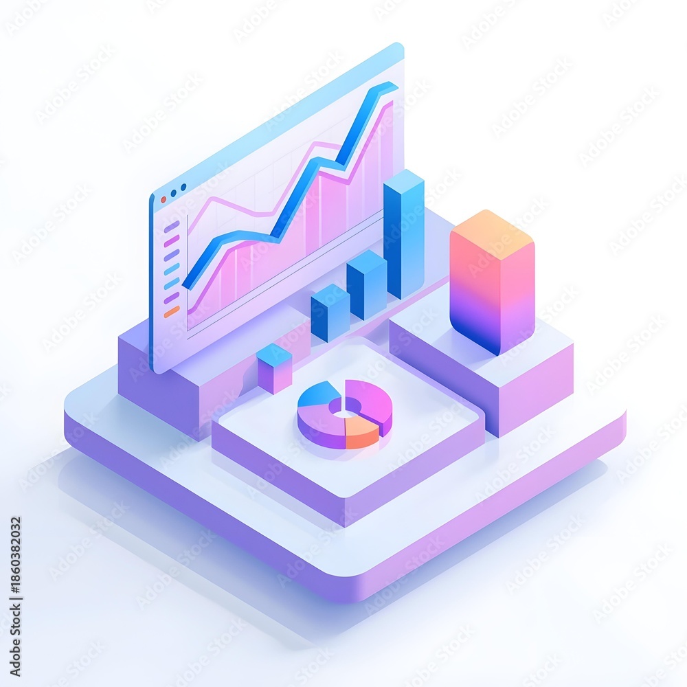 Fototapeta premium Isometric 3D illustration of data visualization with charts and graphs, representing business analytics and financial growth