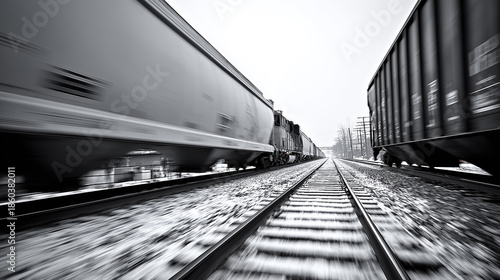 Fast-moving freight train in black and white along snow-covered tracks.