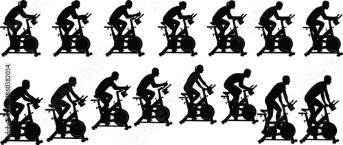 Indoor cycling fitness silhouettes showing athletes on spin bikes performing cardio workout training sequences in studio illustration set