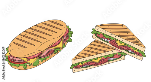 A delicious-looking illustration of a pressed panini sandwich, shown both whole and cut in half to reveal its fillings.