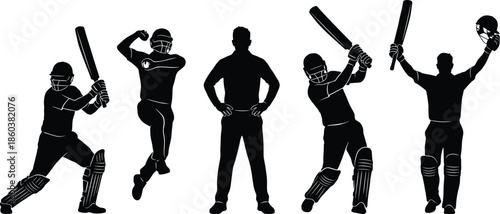 Action Silhouette Vector of Cricket Players Illustrating Batting Bowling Umpiring and Celebration Poses for Sports Competition and Team Championship Designs