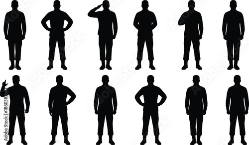 Male standing silhouettes set showing casual and formal poses representing everyday people, body language, and human figure collection isolated on white background