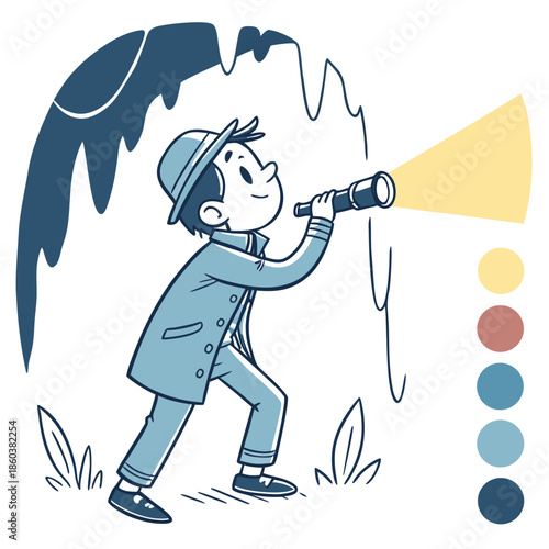 Young boy with flashlight exploring a cave